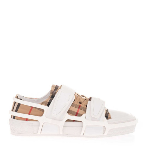 BURBERRY/博柏利 女士卡其色小牛皮拼接棉经典Vintage格纹系带魔术贴绑带鞋跟Burberry字母印花休闲鞋运动鞋平底鞋女鞋 8034326