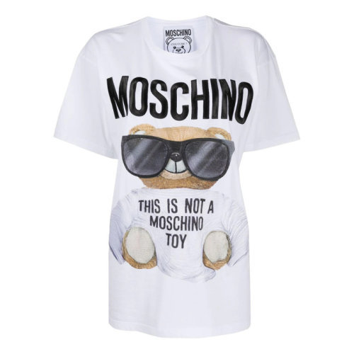 MOSCHINO/莫斯奇诺  女士白色棉质经典眼镜熊印花图案短袖T恤 EV07065540