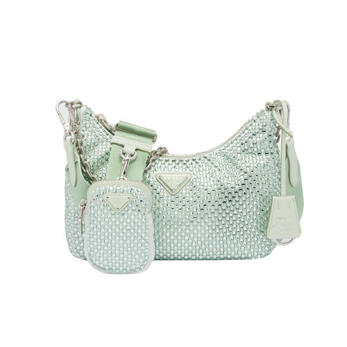 PRADA/普拉达 22新款 Re-Edition 2005系列 女士mini绿色水晶缎面调节的编织肩带链式手柄拉链小袋可拆卸钥匙圈单肩手提斜挎包1BH204_2AWL_F0934
