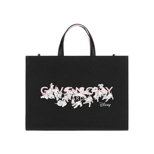 Givenchy/纪梵希 22新款 迪士尼联名系列 女士中号黑色帆布斑点狗字母印花图案拆卸宽肩带皮革手柄银色饰面金属单肩斜挎手提托特包BB50N2B1KE-024