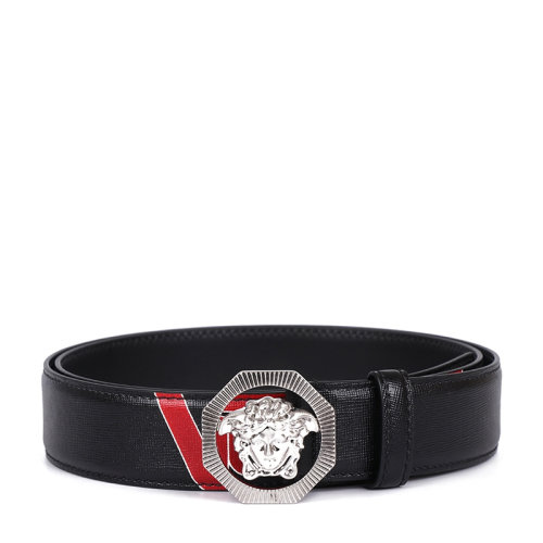 VERSACE 范思哲 男士 黑色皮革八角形美杜莎头像红色字母LOGO板扣皮带腰带 男士腰带 DCU6715-DSAVV-DMXPS