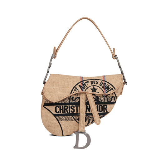 DIOR/迪奥 22春夏新款SADDLE系列 女士米色Dior Union图案刺绣黄麻帆布手提马鞍包M0446BRUW_M918