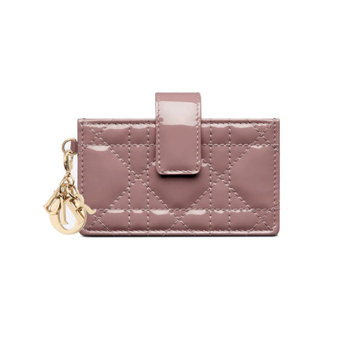 DIOR/迪奥 23新款 LADY系列 女士牡丹粉色漆皮小牛皮拆卸字母吊饰按扣翻盖开合卡包S0074OVRB_M81P