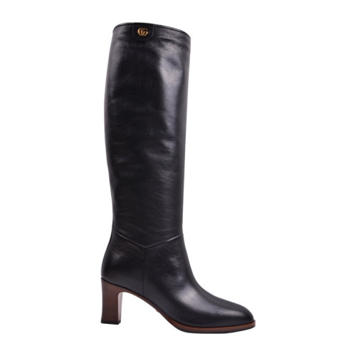 GUCCI/古驰 黑色 牛皮细纹 虎头金属装饰圆头套筒高跟长靴秋冬女靴 6cm 549676 0PL00 1000