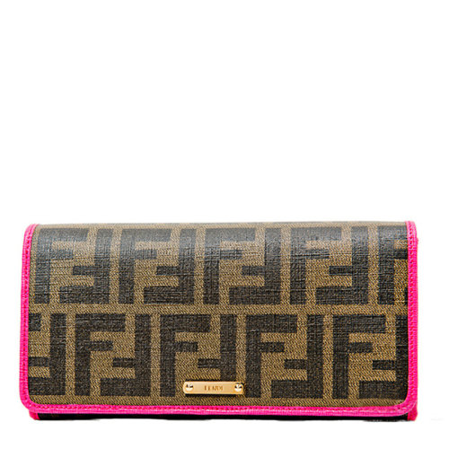 Fendi 芬迪 女士棕色玫红边字母长款钱包 161022