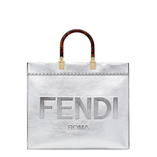 FENDI/芬迪 22春夏新款Sunshine系列 女士中号银色层压小牛皮徽标印花玳瑁手柄手提包8BH386AJH7F0RXT