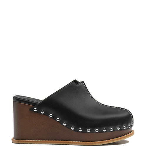 HERMES/爱马仕 22年春夏新款 女士黑色小牛皮金属铆钉厚底坡跟穆勒鞋H221048Z02350