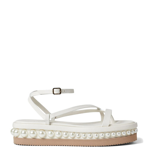 Jimmy Choo/周仰杰 22年秋冬新款 Pine Flat系列 女士奶油色小牛皮和白色珍珠厚底凉鞋PINEFLATZXA-LATTE