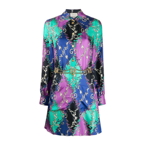 GUCCI/古驰  女士拼色字母压花长袖丝质连衣裙