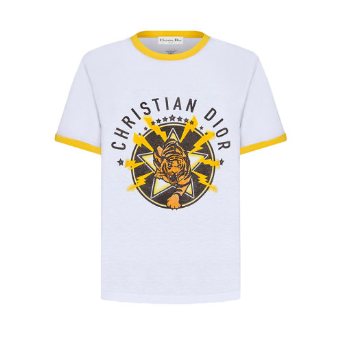 DIOR/迪奥 22年秋冬新款 VIBE系列 女士白色纯棉平纹针织面料黄色老虎图案短袖T恤243T12A4460_X0842