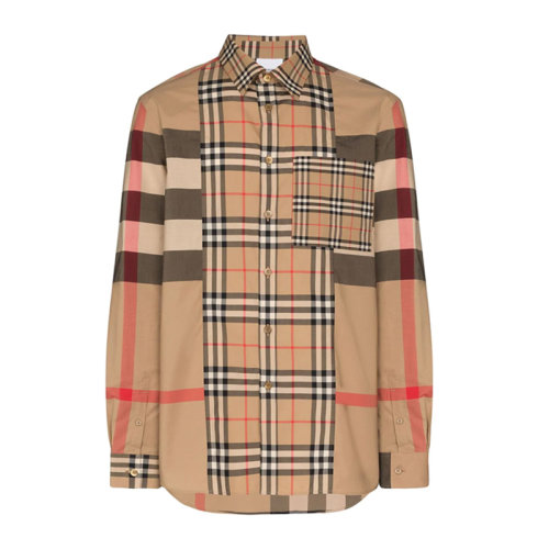 BURBERRY/博柏利 男装 服装 棕色经典格纹棉质时尚拼接休闲 男士长袖衬衫 8023787