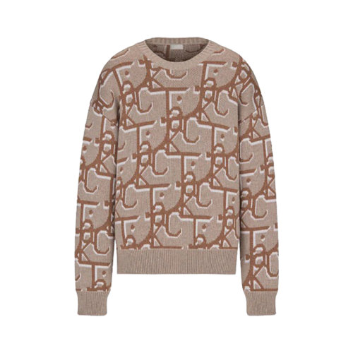 DIOR/迪奥 22年秋冬新款 CACTUS JACK DIOR系列 男士超大版型米色/棕色山羊绒饰Oblique印花罗纹圆领长袖针织衫283M663AT358_C180