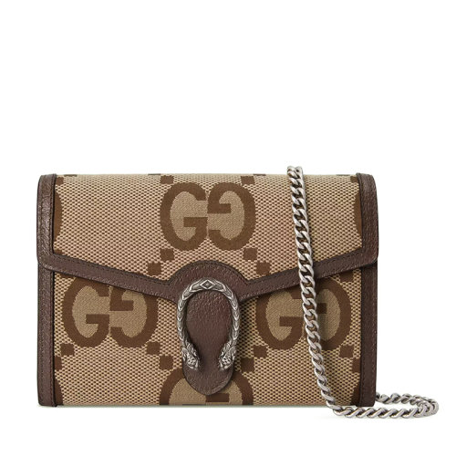 GUCCI/古驰 22春夏新款Dionysus系列 女士驼色/乌木色帆布棕色皮革滚边双虎头搭扣翻盖开合单肩斜挎链条包?401231UKMBN2572
