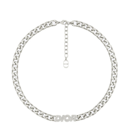DIOR/迪奥  镀银黄铜DIOR字母镶嵌白色晶体链环项链N1507HOMMT_D001