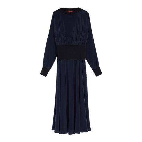 MaxMara/麦丝玛拉 22年早春新款 AMADEUS系列 女士深蓝色纯真丝双绉连衣裙6221052706007