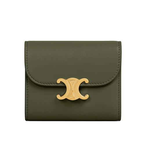 CELINE/赛琳 22新款TRIOMPHE系列 女士小号卡其绿牛皮革凯旋金扣三折钱包10D783DPV.15KH