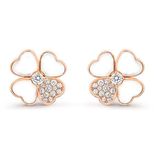 Van Cleef & Arpels/梵克雅宝 经典Cosmos系列 18k金玫瑰金白色珍珠母贝镶嵌钻石四叶草中号耳环VCARO5BZ00