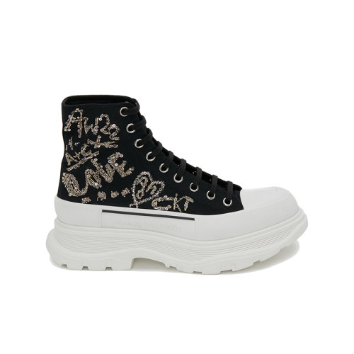Alexander McQueen/亚历山大麦昆 22年秋冬新款 Tread Slick系列 男士黑色/银色棉质饰Tree Graffiti刺绣高帮阔型运动鞋711110W4TGC1320