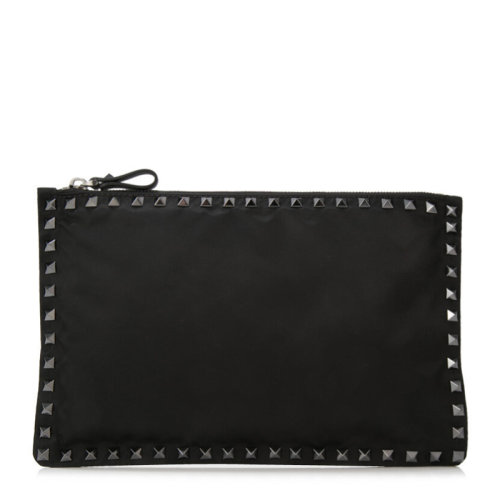 Valentino/华伦天奴 女士黑色尼龙经典字母徽标印花铆钉装饰拉链开合钱夹钱包卡包手拿包女包 PY2P0565-NOV-0NO