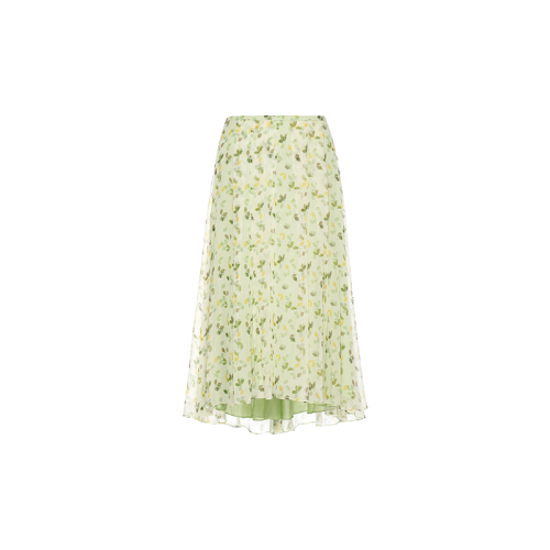 HUI/卉 女士半身裙20秋季新品竹青色真丝印花半裙腰间打褶设计