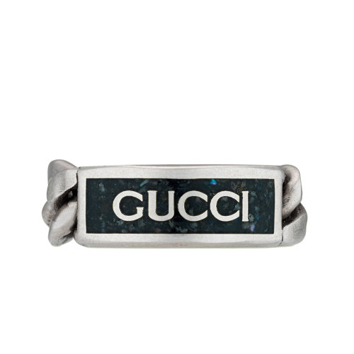 GUCCI/古驰 22新款 男女同款做旧款925纯银马衔索链饰黑色珐琅Gucci标识戒指678711J84101064
