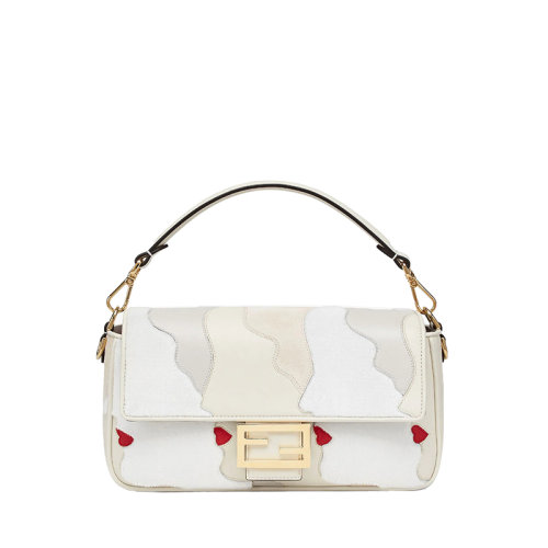 FENDI/芬迪 22春夏新款Baguette系列 女士中号白色双F水貂皮饰面小羊皮侧脸插画单肩包手提包法棍包8BR600AK5QF1HMF