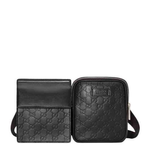 GUCCI/古驰 Signature系列男士黑色牛皮双包GG印花拉链翻盖开合腰包胸包男包 495450-DMTBN-1000