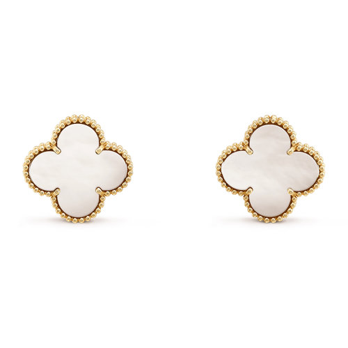 Van Cleef & Arpels/梵克雅宝 经典Magic Alhambra系列 18k金黄金白色珍珠母贝四叶草耳钉VCARA43700