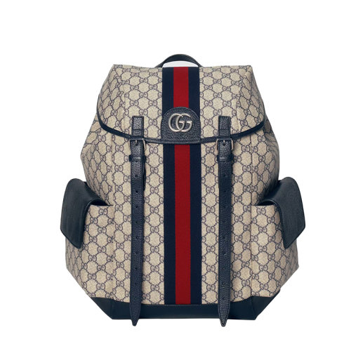 GUCCI/古驰 22春夏新款Ophidia系列 男士中号蓝色/米色老花帆布拼接蓝色皮革红蓝织带双肩背包 598140HUHAN4079