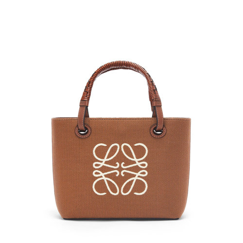LOEWE/罗意威 22年新款 女士棕褐色帆布小牛皮提花饰徽标刺绣藤条手提袋肩背手提托特包A717S74X01-2713