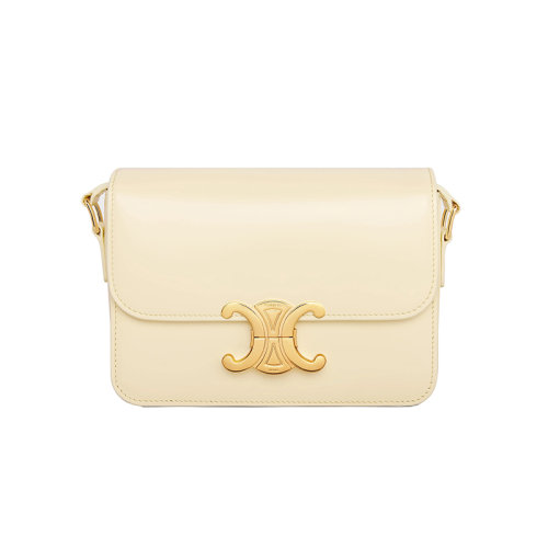 CELINE/赛琳 23春夏新款 女士淡黄色小牛皮翻盖开合金色金属标志调节肩带单肩斜挎包188423BF4.11OY