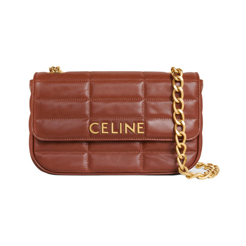 CELINE/赛琳 22新款 MONOCHROME系列 女士黄褐色绗缝羊皮革翻盖开合金色链条肩背包111273EPZ.04LU