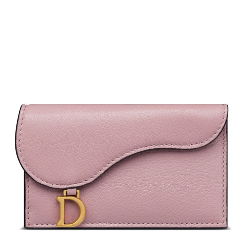 DIOR/迪奥 22新款SADDLE系列 女士老玫瑰色山羊皮饰字母D吊饰金扣翻盖开合多卡槽马鞍钱包卡包S5692CCEH_M77P
