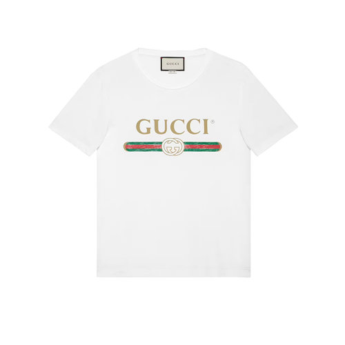 GUCCI/古驰 22年春夏新款 男士白色纯棉水洗面料Logo标志超大造型短袖T恤?440103X3F059045
