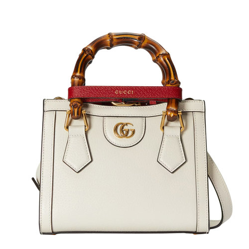 GUCCI/古驰 22春夏新款Diana系列 女士迷你白色皮革竹节红饰带金扣黄绿肩带手提单肩托特包702732U3ZDT9196