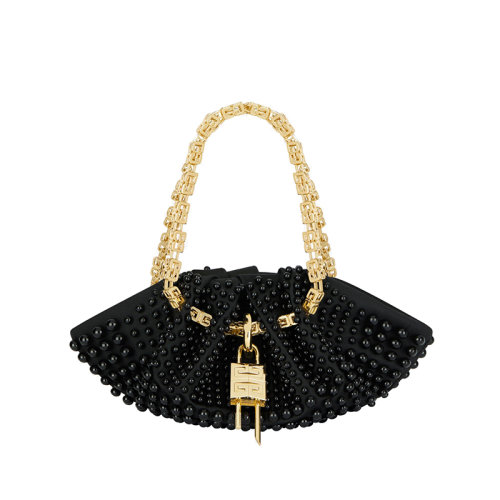 Givenchy/纪梵希 22新款 Kenny系列 女士黑色真丝通体珠绣磁性开合拆卸挂锁立方体链提手金色饰面金属手提包BB50NTB1L9-001