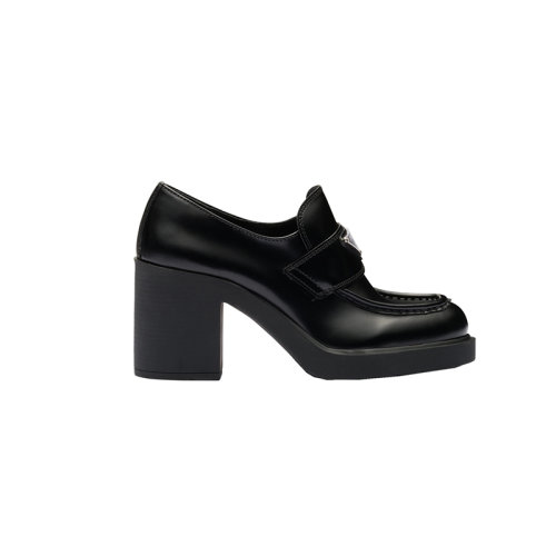 PRADA/普拉达 22年新款 女士黑色皮革饰有金属三角标志橡胶鞋底高跟乐福鞋1D246M_055_F0002_F_085