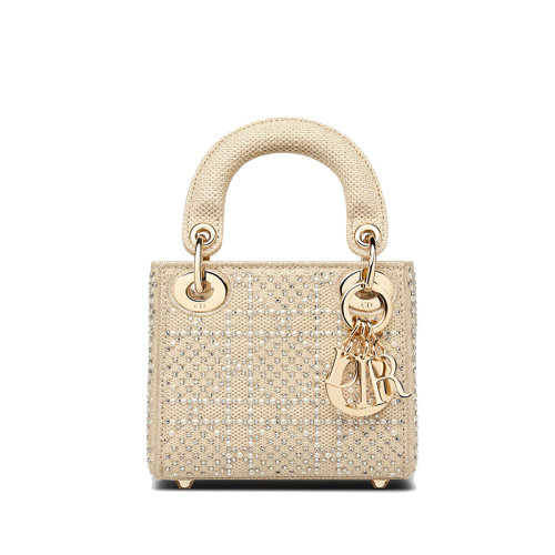 DIOR/迪奥 经典款LADY DIOR系列 女士迷你款米色帆布金线刺绣饰珍珠彩色水晶单肩斜挎手提戴妃包S0856OORP_M918
