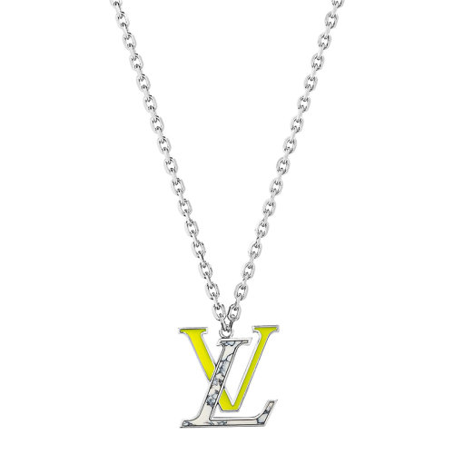 Louis Vuitton/路易威登 经典款LV COLORS系列 银色金属链条饰黄色/大理石效果树脂徽标字母吊饰吊坠项链M00526
