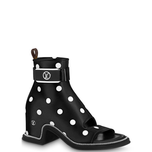 Louis Vuitton/路易威登 22年春夏新款 MOONLIGHT系列 女士黑色/白色丝缎粗跟波点及踝靴1AA0KD