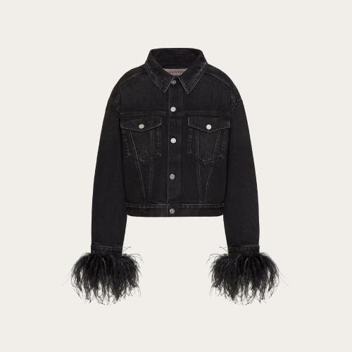  VALENTINO华伦天奴 22年秋冬 女士 夹克 VESTE BRODéE EN DENIM ORNéE DE PLUMES 1B3DC02T79