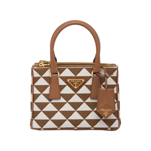 PRADA/普拉达 22新款 Galleria系列 女士烟草/白色拼色刺绣面料配皮手柄拆卸钥匙圈拉链开合金色徽标单肩手提斜挎包1BA906_2FKL_F0I0U_V_XOM