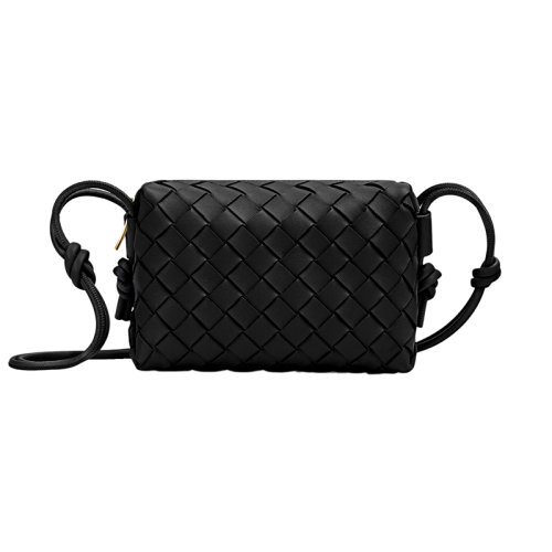 Bottega Veneta/葆蝶家 22新款 女士迷你黑色羔羊皮Intrecciato图案拉链开合单肩斜挎相机包680254V1G118425