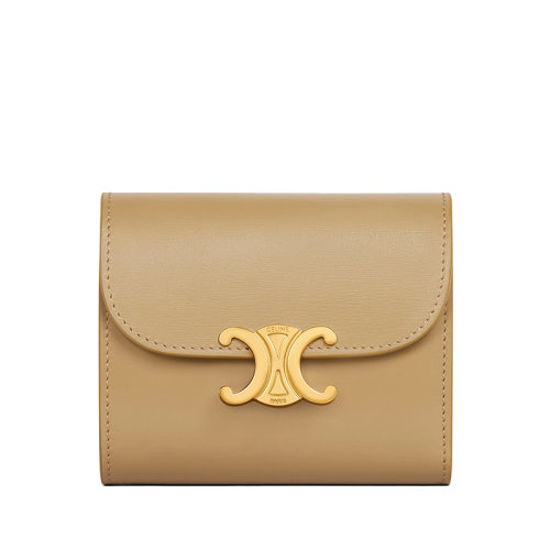 CELINE/赛琳 22新款TRIOMPHE系列 女士小号橄榄色亮泽牛皮革金色凯旋按扣折叠零钱袋短款钱包10D783DPV.31OV