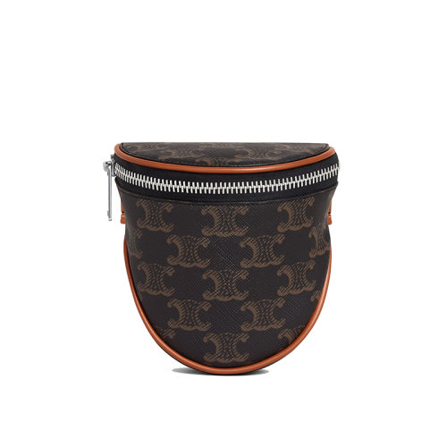 CELINE/赛琳 22新款TRIOMPH系列 男士小号褐色帆布印花小牛皮饰边拉链开合配可调节抽绳肩背斜挎钱包10J642ECM.04LI