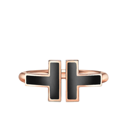 Tiffany & Co./蒂芙尼 经典Tiffany T系列 18K金玫瑰金镶嵌黑色缟玛瑙T形图案Wire戒指指环GRP11095