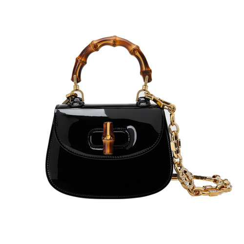 GUCCI/古驰 23春夏新款 Bamboo 1947系列 女士迷你黑色漆皮金色饰面竹节手柄带水晶细节拆卸链式肩带单肩手提包724641AABCE1091