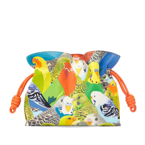  LOEWE/罗意威 22新款Flamenco系列 女士橙色彩色鹦鹉印花纳帕小牛皮抽绳拉紧单肩斜挎手拿包A411FC1X59-9100
