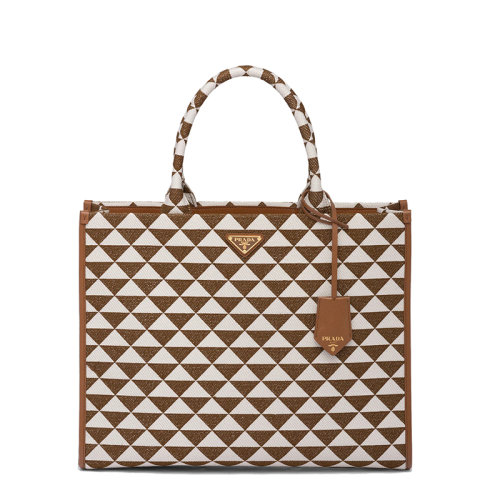 PRADA/普拉达 22新款Symbole系列 女士大号烟草色/粉雾白三角双色拼接效果织物配皮徽标金扣饰可拆卸吊饰单肩手提包1BA356_2FKL_F0I0U_V_OOO