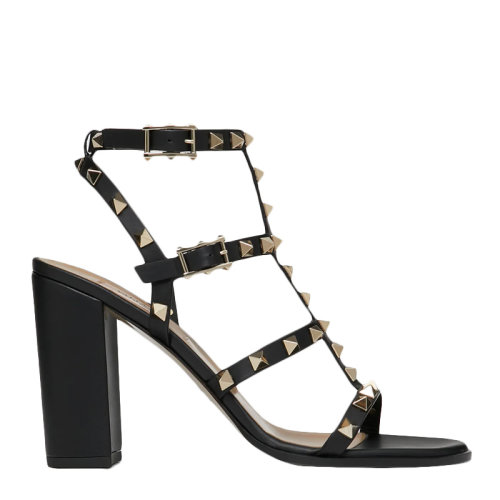 Valentino/华伦天奴 女士纯色小牛皮经典铆钉装饰露趾高跟鞋粗跟鞋凉鞋女鞋 WW2S0749-VBP 多色可选